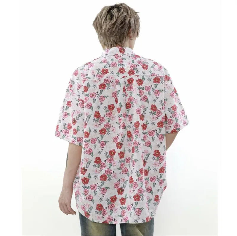 summer harajuku set mens flower print casual short sleeved top gradient straight leg jeans 2 pcs set high street trendy suit unique jeans style 4233