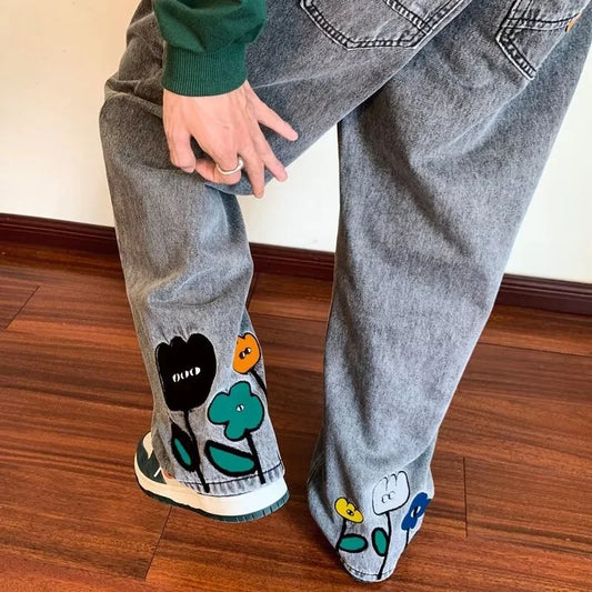 new mens y2k flower printed baggy jeans 2025 streetwear american casual denim wide leg pants hombre vintage straight trousers ripped baggy denim