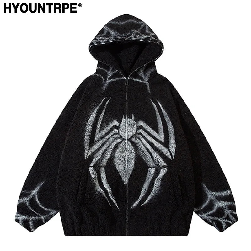 mens harajuku spider graffiti fleece jackets and coats hairy zipper hooded outerwear warm streetwear parkas loose bomber jacket urban fashion pants