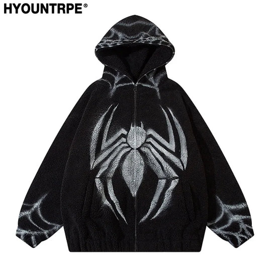 mens harajuku spider graffiti fleece jackets and coats hairy zipper hooded outerwear warm streetwear parkas loose bomber jacket urban fashion pants
