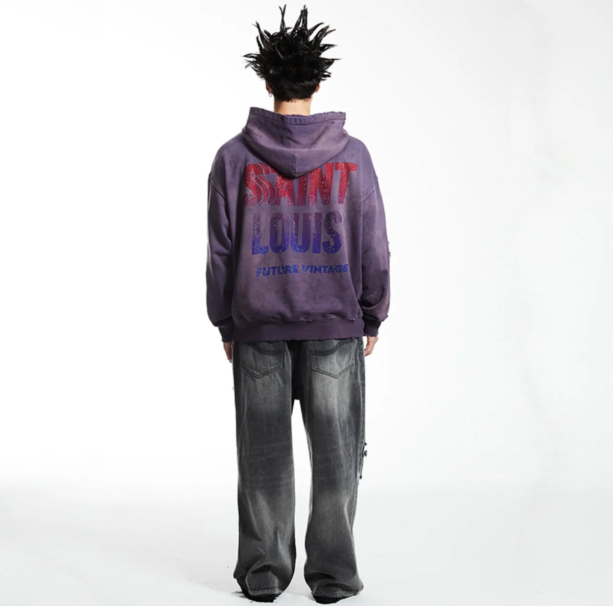 24 New SSAINT LOUIS Rhinestone Designs Gradient Purple Letter Print High-Street Hoodies Hooded Sweatshirt Street King Limited