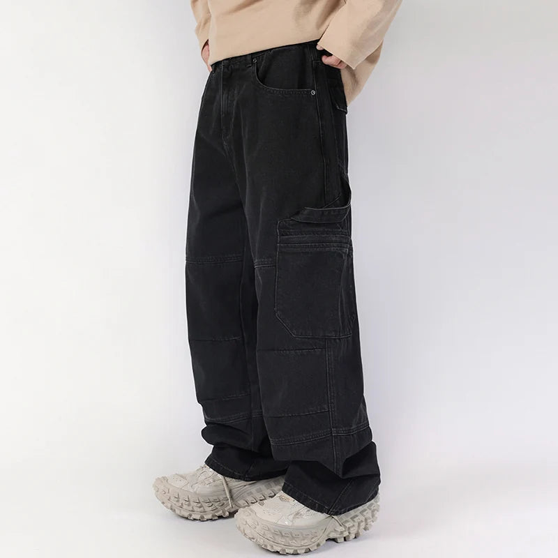 men american streetwear fashion loose casual hip hop wide leg black denim baggy jeans pants man y2k cargo jeans trousers military streetwear pants