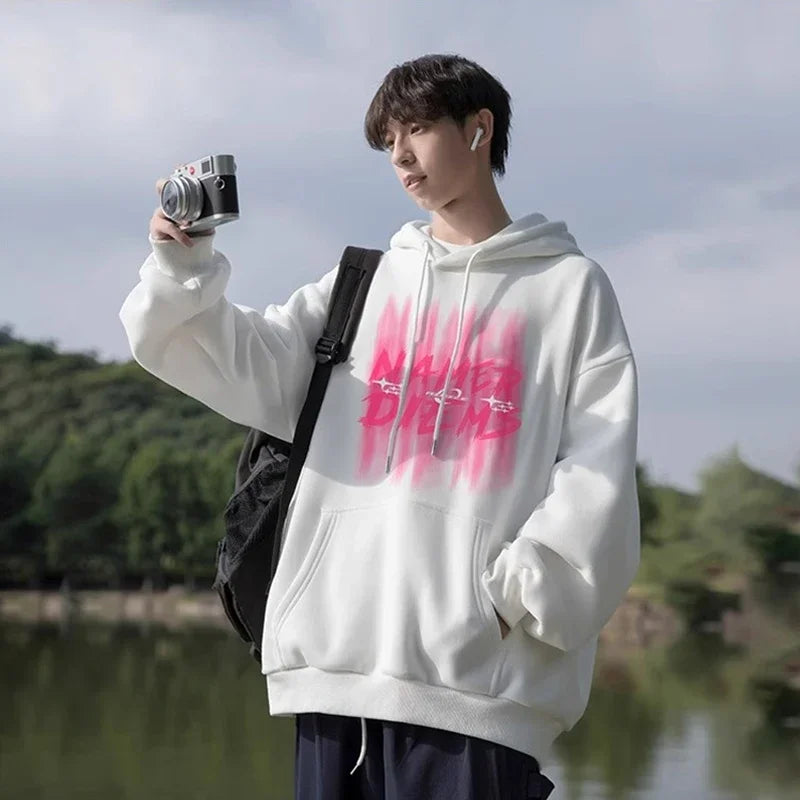 2024 New Graffiti Letter Print Hooded Fleece Sweatshirt For Men Loose Fit Hip Hop Fashion Pullover Hoodies Y2K Streetwear Hoodie Street King Limited