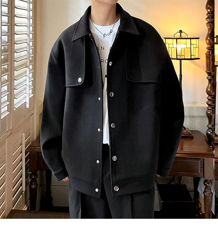 Winter Short Woolen Coat Men Warm Retro Thickened Woolen Jacket Men Streetwear Korean Loose Woolen Coat Mens Oversized Overcoat Street King Limited