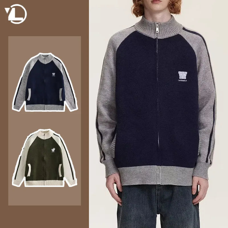 2023 College Vintage Knit Cardigan Men Harajuku Letter Print Patchwork Sweater Casual Loose Zipper Pull Homme Spring Autumn Street King Limited
