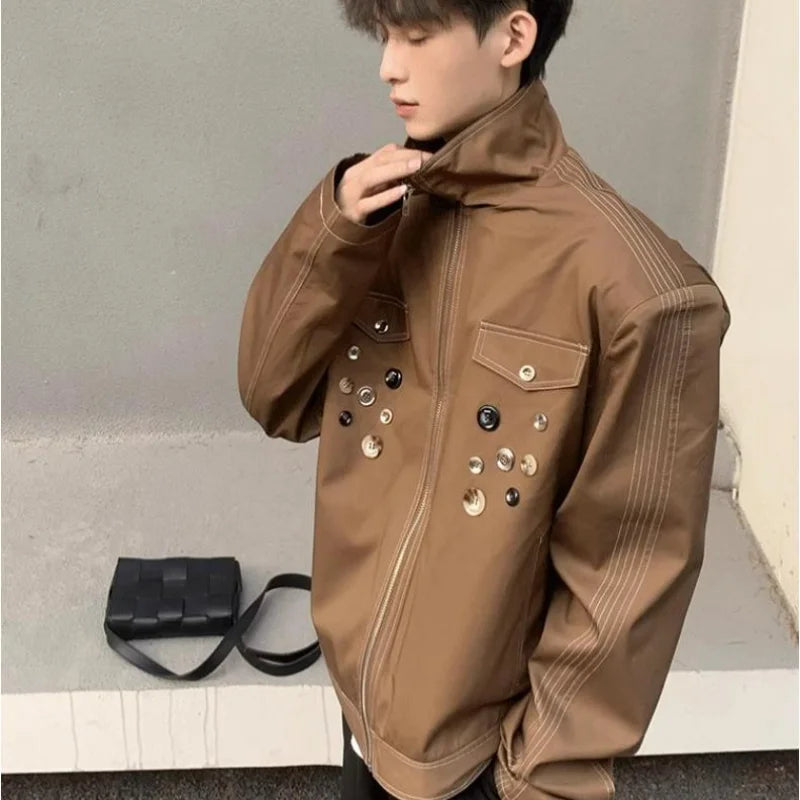 spring retro irregular button mens jacket shoulder pad design trend high street coats motorcycle fashion stand collar outwear minimalist street pants