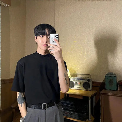 Korean style high-end half turtleneck short-sleeved summer T-shirt for men loose ice-sleeved bottoming shirt y2k trendy ins top Street King Limited