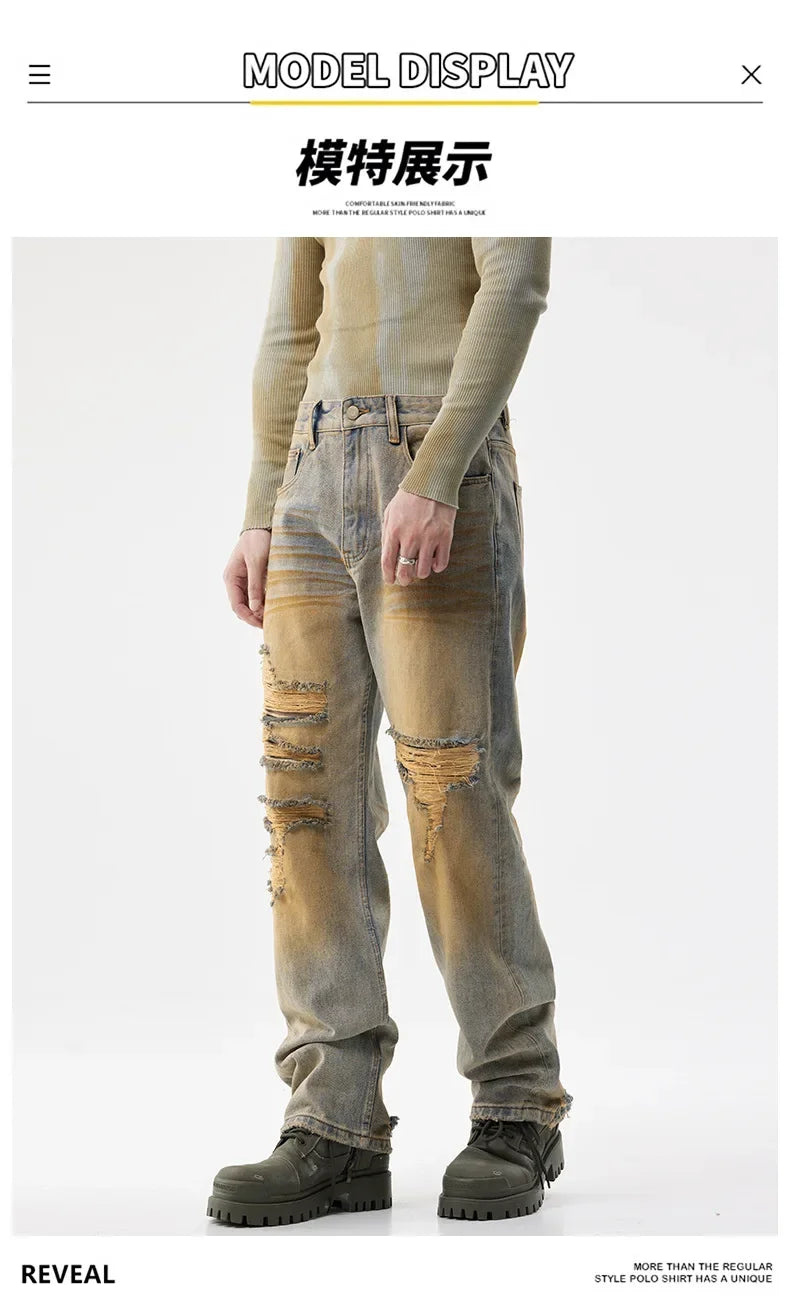men patch hole distressed plus size denim pant ripped jeans streetwear fashion hip hop vibe loose casual baggy jeans trousers 40 unique jeans style 3079