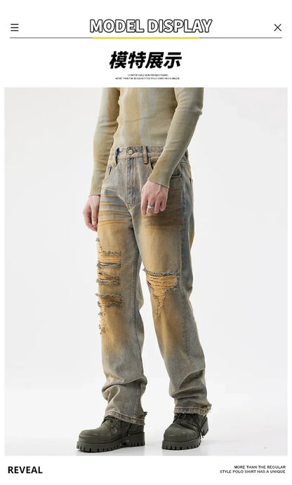 men patch hole distressed plus size denim pant ripped jeans streetwear fashion hip hop vibe loose casual baggy jeans trousers 40 unique jeans style 3079