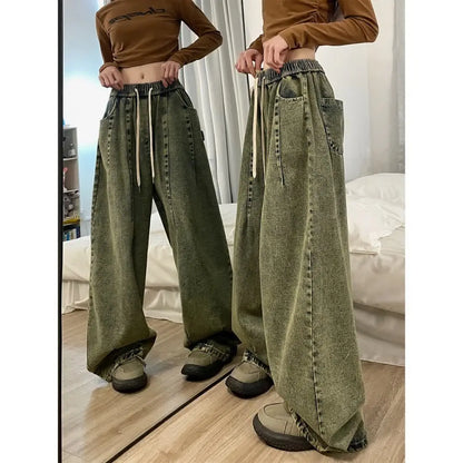 american retro trend personalized elastic band straight leg jeans for men and women loose and wide leg floor length casual pants unique jeans style 4542