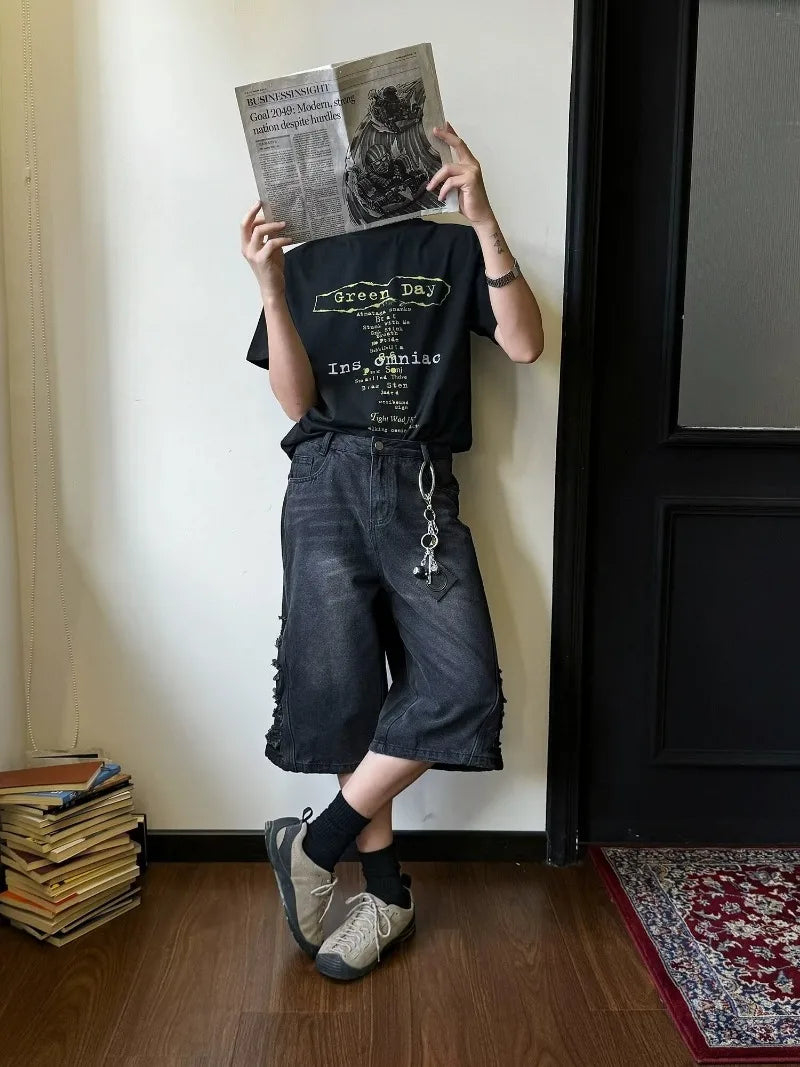 mens hip hop washed denim shorts broken hole folds burr edge street punk cowboy middle pants pockets bomber quarter pants y2k unique jeans style 4372