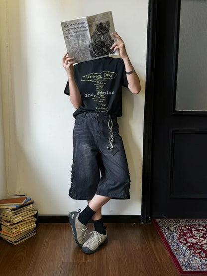 mens hip hop washed denim shorts broken hole folds burr edge street punk cowboy middle pants pockets bomber quarter pants y2k unique jeans style 4372