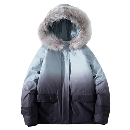 rainbowtouches winter warm gradient parkas men women streetwear thick jackets coat fashion harajuku hoody fur collar coats minimalist street pants