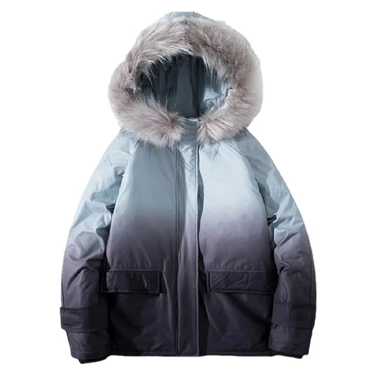 rainbowtouches winter warm gradient parkas men women streetwear thick jackets coat fashion harajuku hoody fur collar coats minimalist street pants