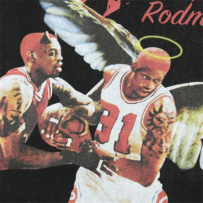 Rodman Devil Angel Print Retro Vintage Washed Distressed Quality Cotton Tops T-Shirt For Summer Street King Limited