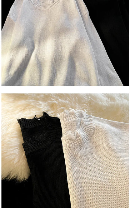 Men White Pullover Sweaters Ripped Harajuku Chic Couple O-neck Knitwear Casual Minimalist Long Sleeve Jumpers Homme Handsome Top Street King Limited