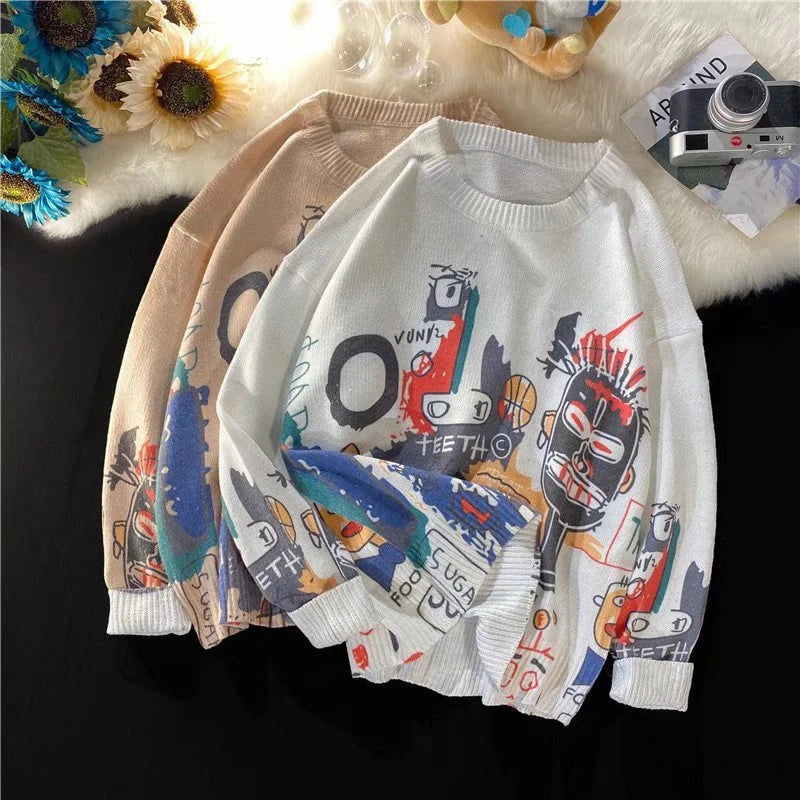 Rainbowtouches Men Sweaters High Street Graffiti Crew Neck Trendy Vintage Knitted Sweater Spring And Autumn Mens Clothing Street King Limited