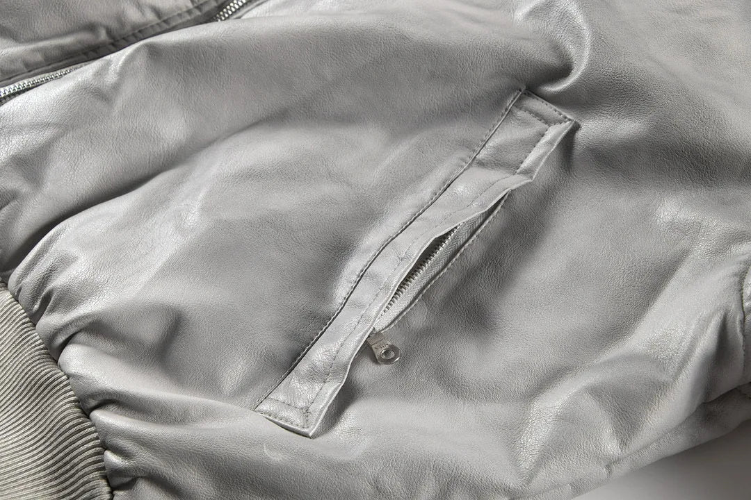 new arrival vintage heavyweight dirty grey double layer hooded leather jacket with multiple pockets zipper design cotton jacket unique default style 136