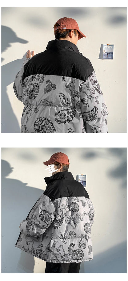 Men Japanese Streetwear Puffer Jackets 2023 Winter Mens Full Print Fashions Bubble Coat Couple Patchwork Thick Parkas Street King Limited