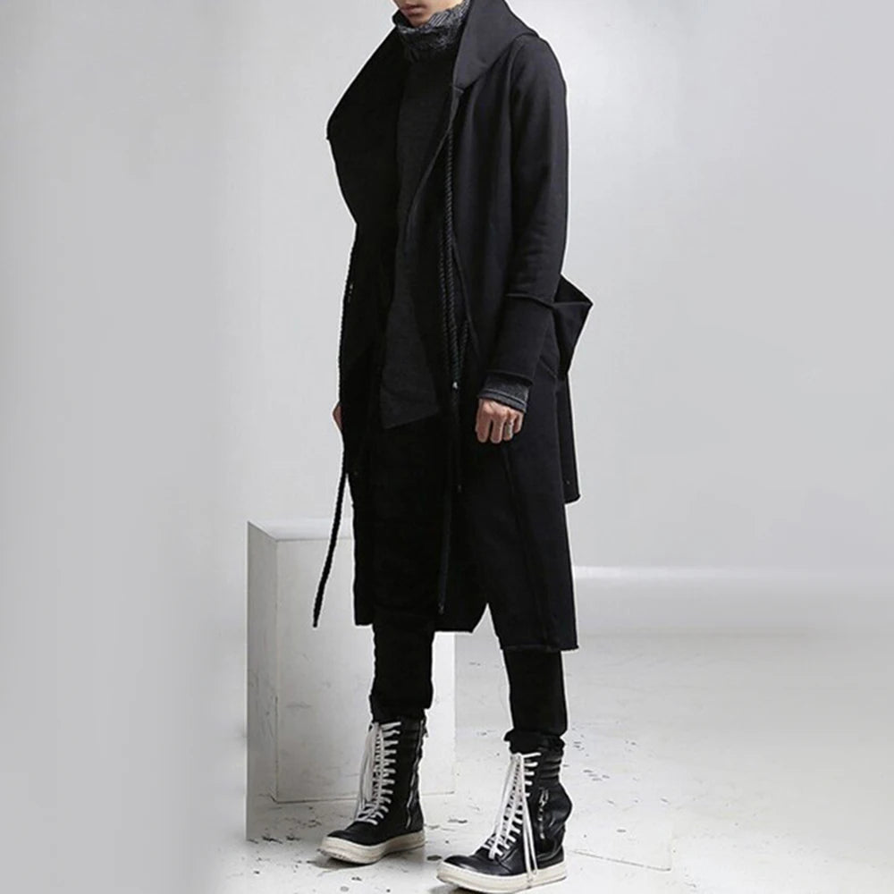 Mens Trench Coat Korean Style Dark Style Autumn And Winter Handsome Windbreaker Hip-Hop Mid-Length Trendy Mens Hooded Sweatshirt Street King Limited