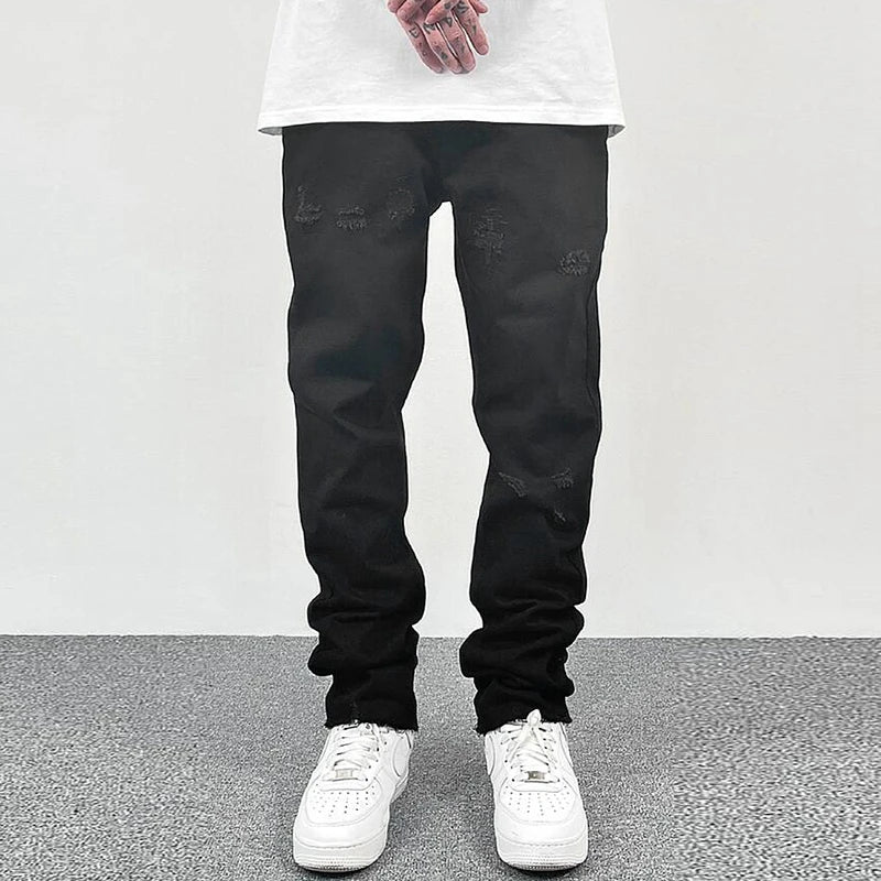 ripped hole distressed black blue washed mens jeans straight casual baggy pockets pencil pants streetwear loose denim trousers unique jeans style 1872
