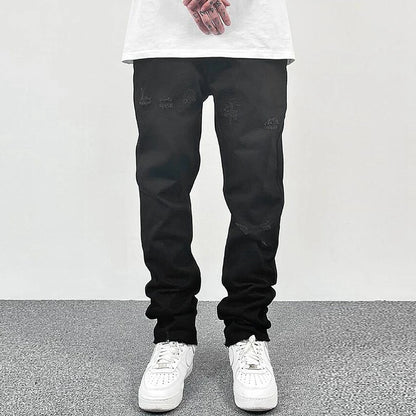 ripped hole distressed black blue washed mens jeans straight casual baggy pockets pencil pants streetwear loose denim trousers unique jeans style 1872