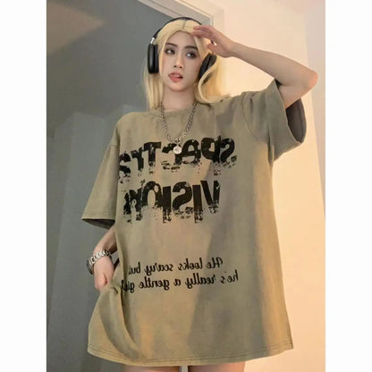 Pure cotton American retro vintage letter printed short-sleeved T-shirt women's niche loose high street top ins men clothing y2k Street King Limited