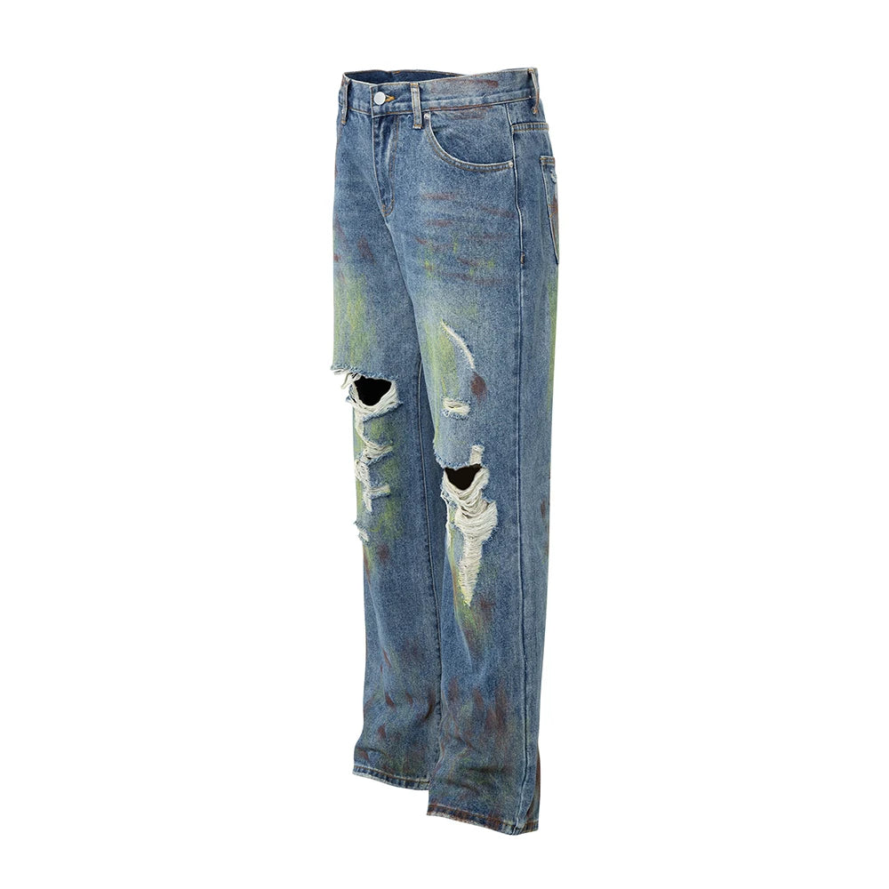 green painted hole washed blue baggy jeans mens streetwear distressed casual loose denim trousers ropa hombre frayed cargo pants multi-pocket cargos