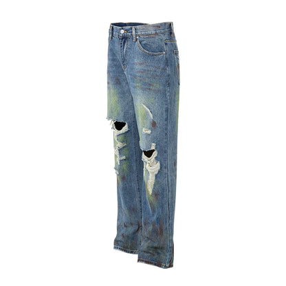green painted hole washed blue baggy jeans mens streetwear distressed casual loose denim trousers ropa hombre frayed cargo pants multi-pocket cargos