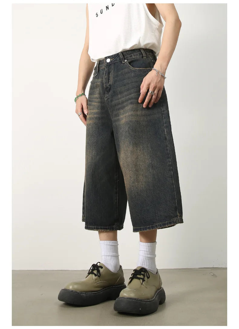 men summer streetwear fashion loose casual wide leg denim calf length jeans pants male vintage jeans baggy hosen pants unique jeans style 1486