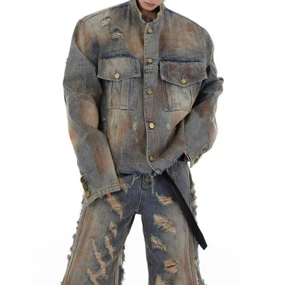 mens denim jacket jeans wilderness construction site style distressed washed holes street wear fashion versatile mens wear 2024 unique jeans style 3071