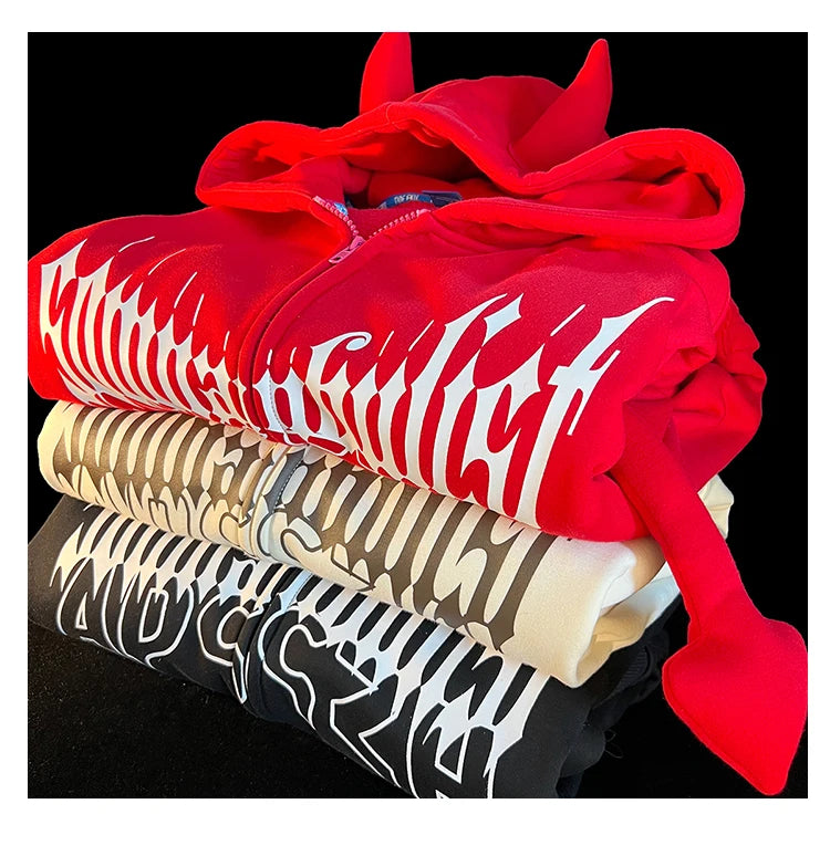 Y2K Kawaii Devil Horn Tail Hip Hop Badge Print Hoodies Cardigan Couples Street Loose Casual Zip Up Sweatshirt Harajuku Clothes Street King Limited