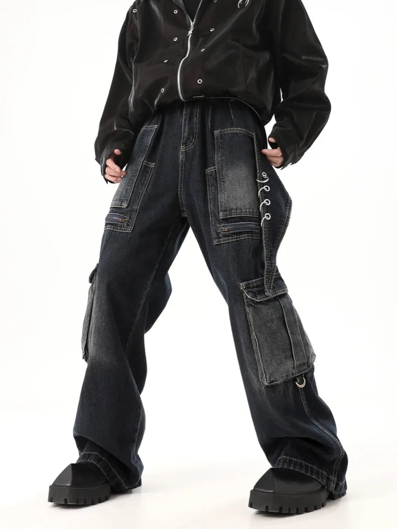 fashion punk rings streetwear loose pants unisex casual multiple pockets wide legs jean pants hip hop joggers men baggy jeans streetwear sweatpants