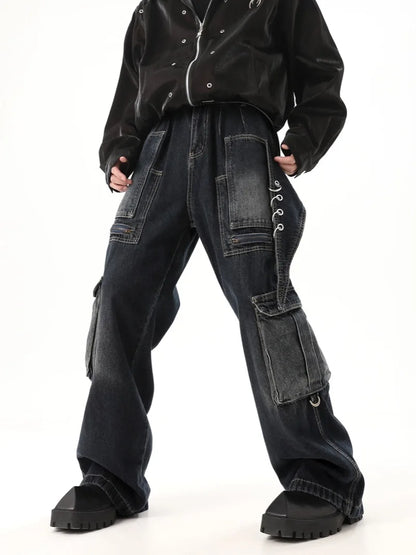 fashion punk rings streetwear loose pants unisex casual multiple pockets wide legs jean pants hip hop joggers men baggy jeans streetwear sweatpants