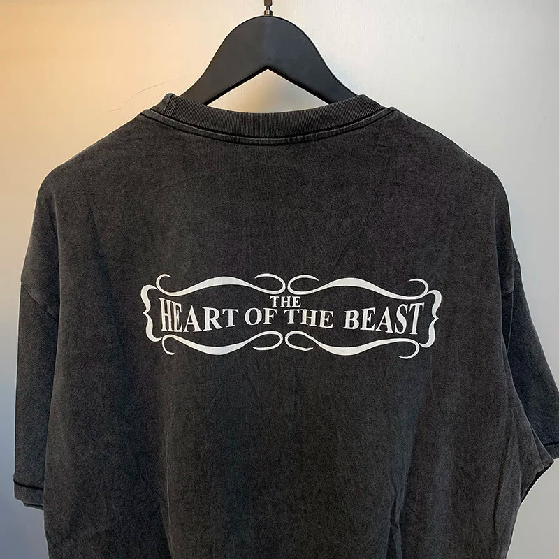 2024ss Sheep Lion Head Printing T Shirt Michael Men Woman Good Quality Vintage Wash Black O-Neck Loose Casual Tops Tee Street King Limited