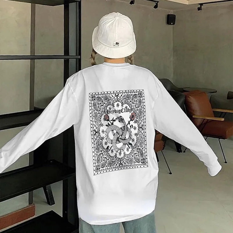 Hip Hop Streetwear T Shirt Paisley Graphic Print Harajuku T-Shirt 2023 Mens Cotton Long Sleeve Tshirt Loose Oversized Streetwear Street King Limited