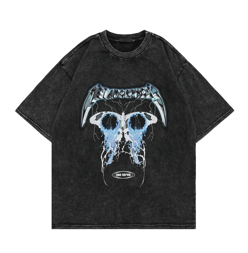 Rainbowtouches 2022 Summer Men T-shirts Fashion High Street Vintage Hip Hop Butterfly Graphic Print Washed T Shirt Unisex Street King Limited