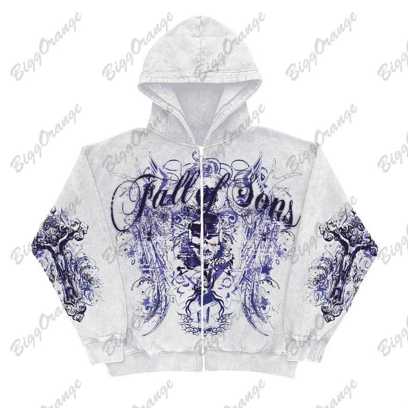 Retro Fashion Gothic Skull Bone Print Oversized Hoodie women Y2K Street Hip Hop Versatile Slim Casual Sweater Clothes Street King Limited