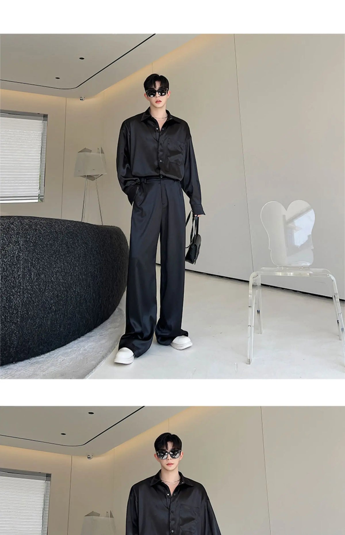 men silk style streetwear fashion loose casual long sleeve shirts pants 2 pieces sets male vintage suits blouses trousers unique default style 2738