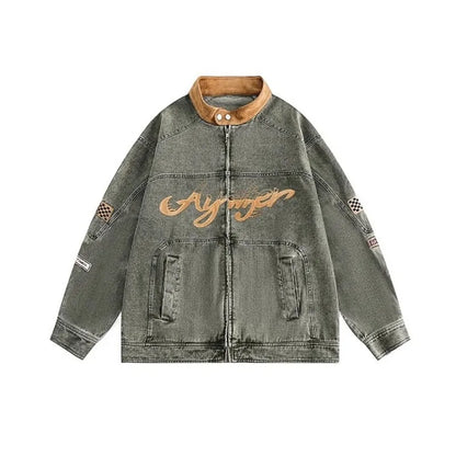 motorcycle hip hop mens cowboy jackets autumn 2024 embroidered washed trend denim coats stand collar color blocking outwear unique jeans style 2770