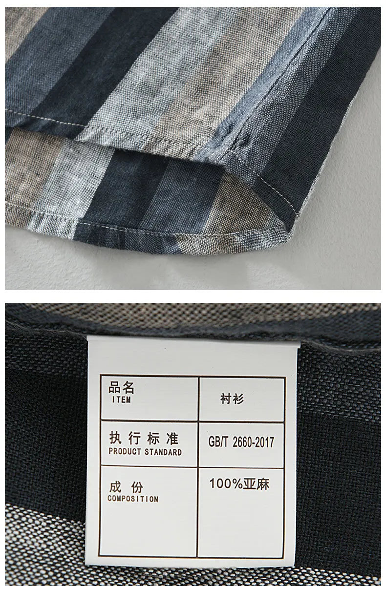 Linen Vertical Striped Long-Sleeved Shirt Men's Summer Thin Breathable Three-Quarter Sleeve Cotton And Linen Artistic Shirt Street King Limited