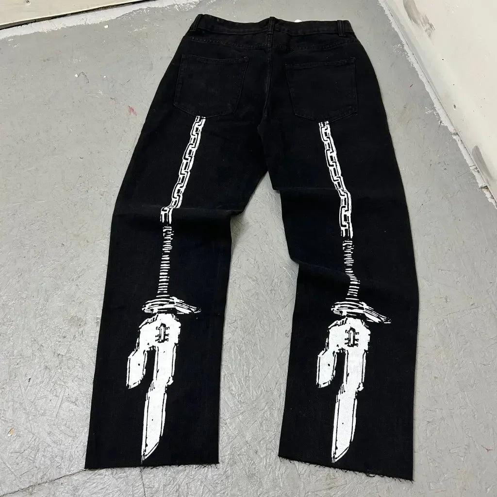 harajuku high street y2k baggy jeans punk popular print wide leg denim pants jeans streetwear trouser men clothing unique jeans style 1970