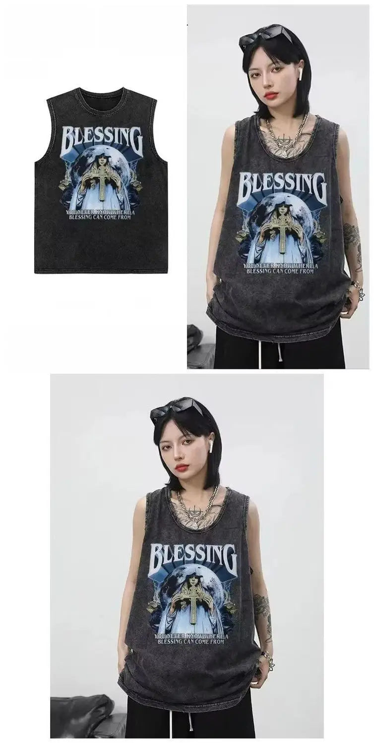 American pure cotton casual vest for outer wear hip-hop retro high street style trendy short-sleeved men's summer printed tops Street King Limited