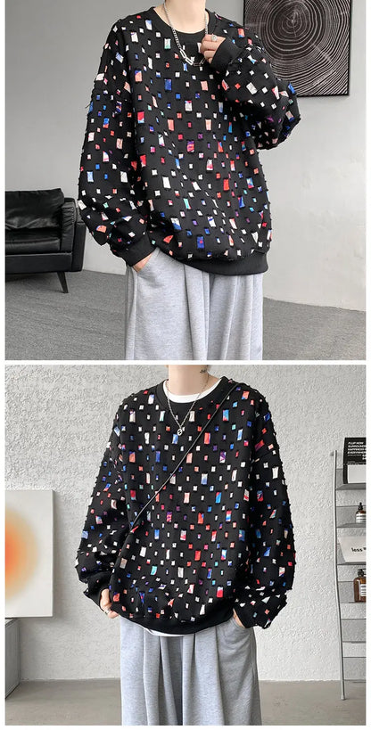Cotton Hollow Hoodie Men Oversized Plaid Sweatshirt Men Streetwear Hip Hop Loose Pullover Hoodie Mens Round Neck Hoody M-3XL Street King Limited
