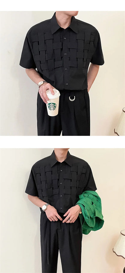 Streetwear Summer High Street Knitting Short Sleeve Mens Shirts Luxury Social Sol Summer High Street Knitting Short Sleeve Mens Shirts Luxury Social Solid Shirt Korean Fashion Y2K Clothes Camisas De Hombre Fashion Sweater Jacket With Graphic Design For Men