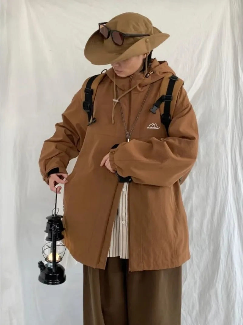 outdoor sports charging jacket mens 2024 spring japanese casual waterproof hooded trench coat multi pocket hiking windbreaker unique default style 2428