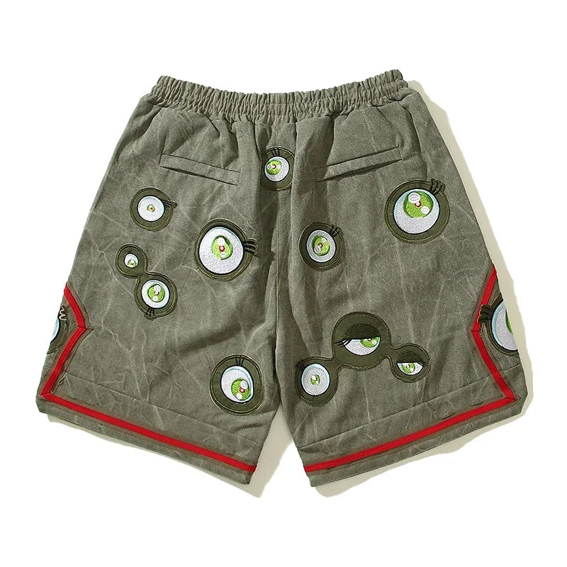 Japanese Eyes Embroidery Washed Military Green Worn Canvas Shorts for Men Summer Pockets Baggy Cargo Short Oversized Street King Limited