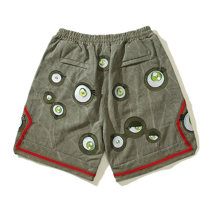 Japanese Eyes Embroidery Washed Military Green Worn Canvas Shorts for Men Summer Pockets Baggy Cargo Short Oversized Street King Limited