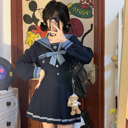 Student Union JK Uniform Sailor Suit Blue Skirt Long Sleeve Navy Collar Bow Tie Two Colors Two-piece Set Vitality Kawaii Street King Limited