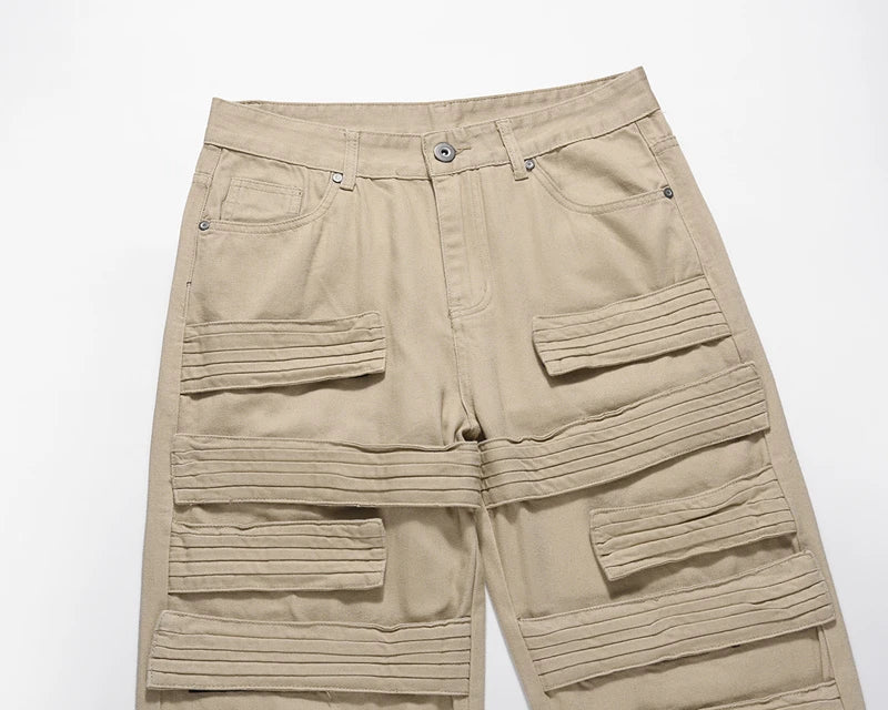 high street magic tape solid color straight jeans cargo pants mens retro harajuku vibe style baggy casual denim trousersrs unique cargo style 1050